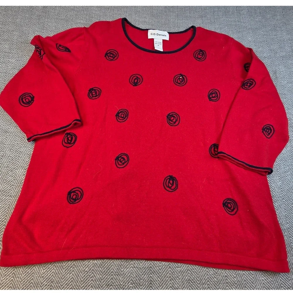 C.D. Daniels Red Cotton Knit Embroidered Swirl 3/4 Sleeve Sweater 1X